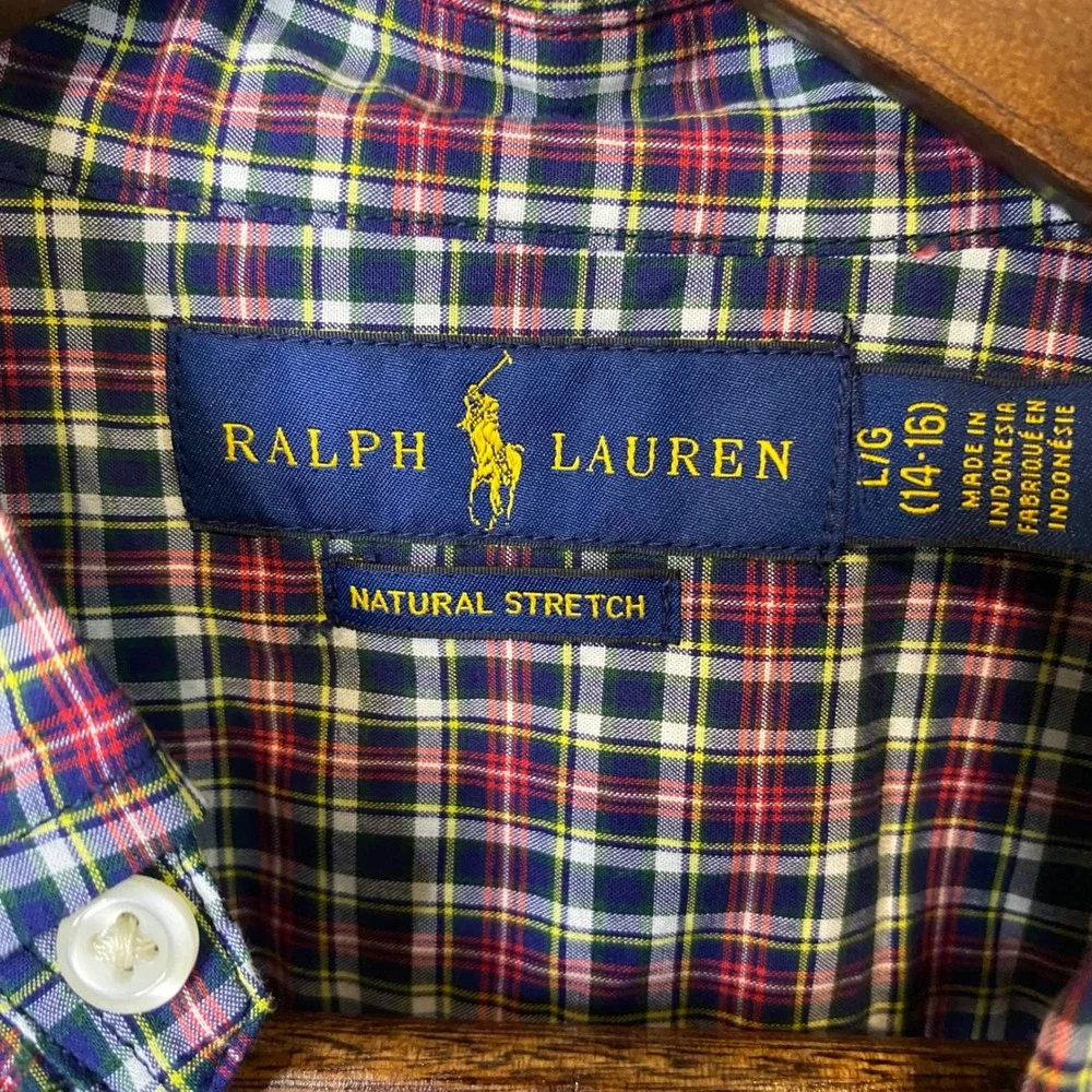 Ralph Lauren Boys Plaid Button Down Shirt Natural Stretch Navy Red Large 14 16